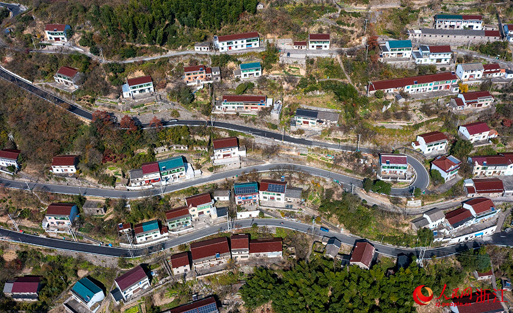 空中俯瞰浙江省余姚市四明山區(qū)，公路、民房與沿途漫山紅遍、層林盡染的山色構成絢麗多彩的深秋畫卷。人民網(wǎng) 章勇濤攝